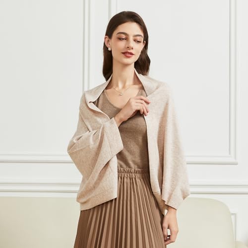 Huralona Women's Open Front Wool Shawl Wrap Scarf with Sleeves Outer Warm Knitted Poncho Cape Fall Winter - color: Beige Camel