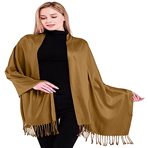 CJ Apparel Solid Color Tassels Design Nepalese Shawl Scarf Wrap Stole Throw Head Wrap Pashmina Gift Hand Made in Nepal New - color: Camel Brown