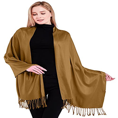 CJ Apparel Solid Color Tassels Design Nepalese Shawl Scarf Wrap Stole Throw Head Wrap Pashmina Gift Hand Made in Nepal New - color: Camel Brown