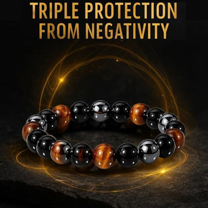 WFJ Black Obsidian Hematite Triple Protection Bracelets Set - Tiger Eye Beaded Natural Stone Bracelet for Men Women Gemstone (10MM) - color: Triple Protection Set of 2 10mm