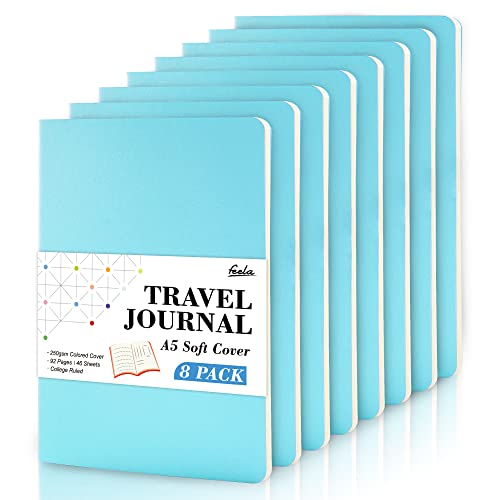 8 Pack Soft Cover Journal Bulk, Feela Notebooks College Ruled for Work, Lined Travel Journal for Women Men, Note Taking Notebook School Supplies Business Writing, 8.2” x 5.5”, A5, Light Blue - color: 8 Light Blue
