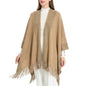 ZLYC Women's Shawl Golden Trim Knit Blanket Wrap Fringe Poncho Coat Cardigan - color: Camel