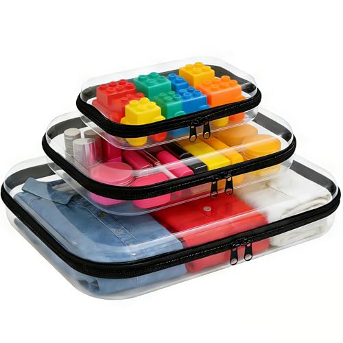 3PCS Clear Hard Shell Zipper Case,Zipper Pouches Hard Shell,Clear Toiletry Bag,Travel Makeup Bag Organizer,Toy Storage Containers,Hard Shell Plastic Case,Portable Transparent Diaper Organizers(Black) - color: Black