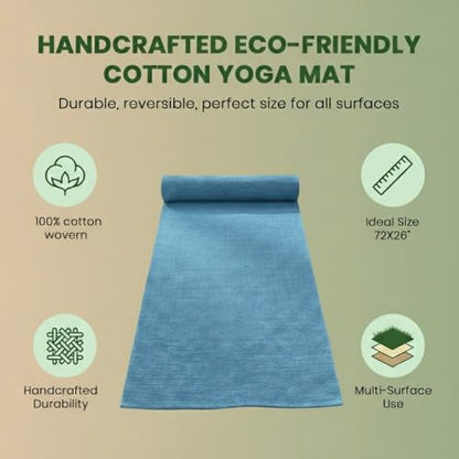 LFH Home Handmade Cotton Yoga Mat Cotton Rug picnic mat For Exercise, Workout, Fitness - Perfect Heavy Quality Eco Friendly Natural Cotton Woven Reversible Yoga Mats for Men & Women - 72x26 Inch. - color: Blue