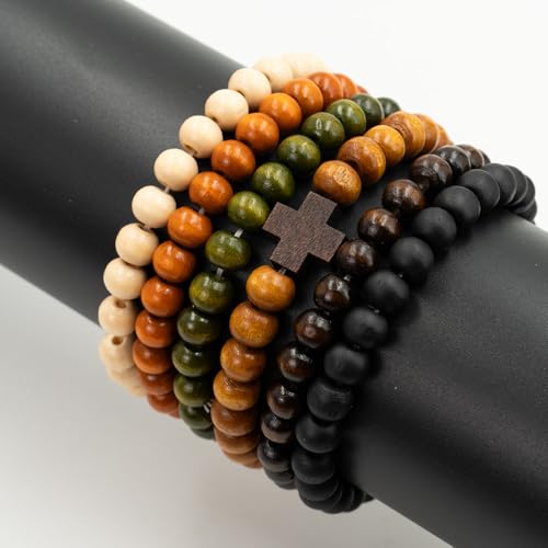 6-Piece Stack, Cross Bangle Wooden Bead Bracelet Set - Beaded Bracelets for Women Men 8mm Round Beaded Stretch Bracelets Unisex Yoga Bracelet