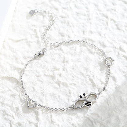 Bee Bracelet Sterling Silver Infinity Honey Bracelet Minimal Cute Jewelry 7"+2" Adjustable Chain Bracelet Jewelry Birthday Christmas Graduation Gifts for Women Wife