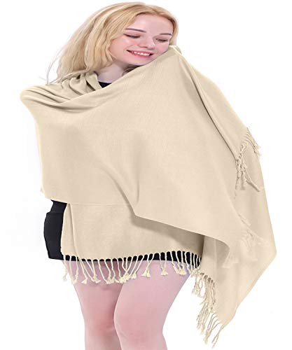 CJ Apparel Solid Color Tassels Design Nepalese Shawl Scarf Wrap Stole Throw Head Wrap Pashmina Gift Hand Made in Nepal New - color: Champagne