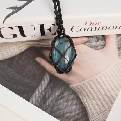 Natural unprocessed crystal raw stone hand woven rope adjustable necklace pendant for both men and women - color: A-Labradorite