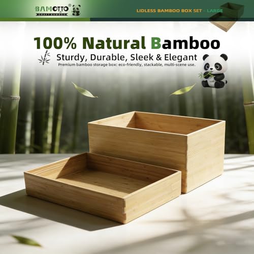2-Piece Large Bamboo Storage Box Set - 7.1in High Stackable Deep-Drawer Organizer, Lidless Bin for Kitchen Cutlery Utensils, Home & Office (14.6"x10.2"x7.1"+14.6"x10.2"x3.1")