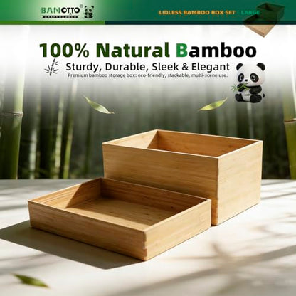 2-Piece Large Bamboo Storage Box Set - 7.1in High Stackable Deep-Drawer Organizer, Lidless Bin for Kitchen Cutlery Utensils, Home & Office (14.6"x10.2"x7.1"+14.6"x10.2"x3.1")