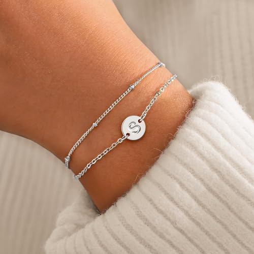 MONOZO Gold Initial Bracelets for Women Girls Jewelry Gifts Trendy - Dainty 18K Gold Plated Disc Monogram Letter A-Z Initial Bracelets for Women Girls Teens Personalized Letter Bracelet Birthday Gifts - color: Silver, style: S