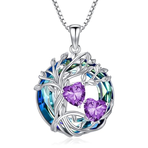 TOUPOP s925 Sterling Silver Family Celtic Tree of Life Pendant Necklaces with 2 Heart Birthstone with Blue Austrian Crystal Jewelry Birthday Valentines Day Gifts for Her, Anniversary Christmas Gifts for Wife Girlfriend Mom (18K Real White Gold Filled) - c