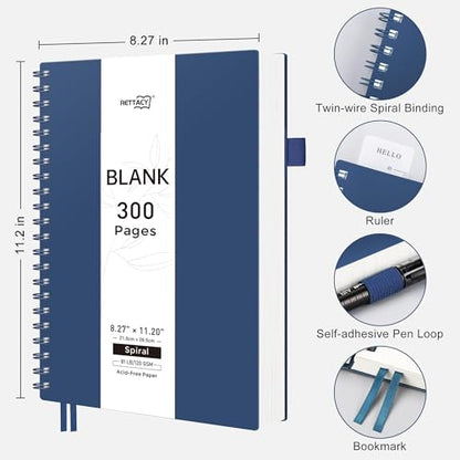 RETTACY Blank Journal Notebook, 300 Pages, A4 Large Size (8.2'' x 11.2''), 120 GSM Thick Paper, Flexible Plastic Cover, Spiral-bound, for Sketching, Drawing, Painting (Navy Blue) - color: Navy Blue