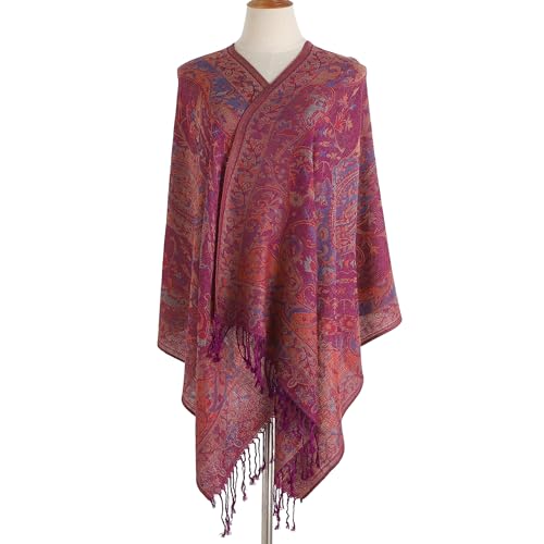 Paisley Pashmina Rave Shawl Scarf-Women's Reversible Ethnic Jacquard Pashmina Wraps for Travel - color: A#. Red Purple