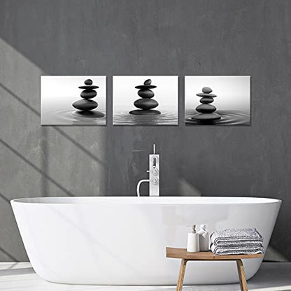Apicoture Zen Stone Wall Art - Black and White Zen Stones Poster Canvas Wall Decor for Spa Room Bathroom Home Decorations 12"X 16"X 3 Pieces