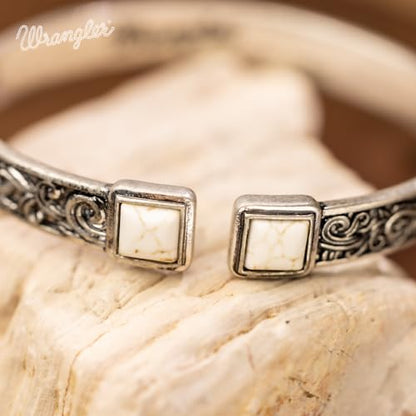 Montana West Wrangler Cuff Bracelet for Women Western Turquoise Adjustable Open Bangle Silver Plated Carved Floral Cowgirl Country Jewelry - color: Silver-White
