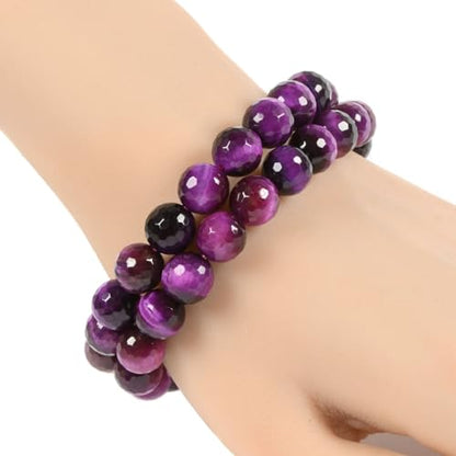 Justinstones Gemstone Crystals Chakra Beads Bracelet Crystal Healing 10mm Round Stretchable Bracelet for Her Gift - color: Faceted Dyed Purple Tiger Eye