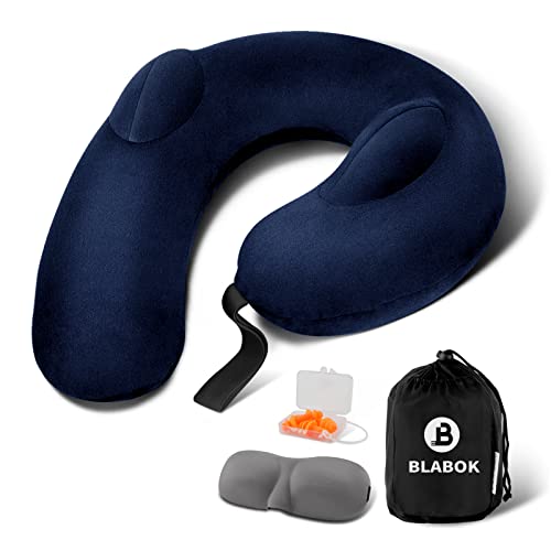 Patented Design Inflatable Travel Neck Pillow – Airplane Neck Pillow with 360° Head & Neck Support, Soft Washable Velvet Cover, Compact Neck Support Pillow for Airplane,Train,Car,Office & Home (Blue) - color: Blue