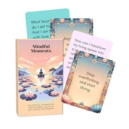 Mindful Moments Daily Affirmation Cards for Women, 106 Positive Inspirational Messages & Self Reflection Journal Prompts, Meditation Cards with Display Stand