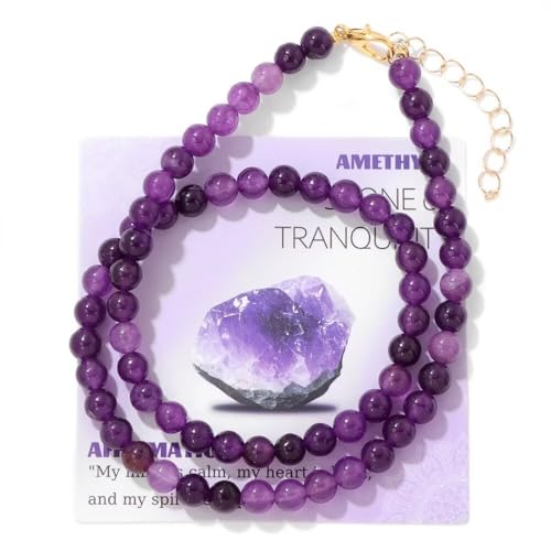 Healing Crystal Necklace for Women Men Colorful 6mm Natural Stone Beaded Choker Gemstone Necklaces with Card Handmade Reiki Spiritual Jewelry Gift - color: Amethyst