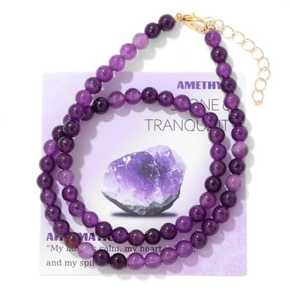 Healing Crystal Necklace for Women Men Colorful 6mm Natural Stone Beaded Choker Gemstone Necklaces with Card Handmade Reiki Spiritual Jewelry Gift - color: Amethyst