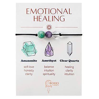 BOHO GARDEN Healing Bead Bracelets - Spiritual Crystal Beaded Bracelet - Made of 3 Real & Natural Gemstones, Adjustable 3-9.7” Black Rope - Gem Stones Jewelry for Men, Women, Teens (13+) - 8mm Bead - color: EmotionalHealing