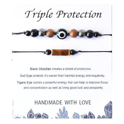 2Pcs Triple Protection Empath Energy Protection Bracelets Black Obsidian and Tiger Eye Evil Eye Carnelian Amethyst Natural Stone Jewelry for Women Men Gifts for Him Her - style: Triple protection style1