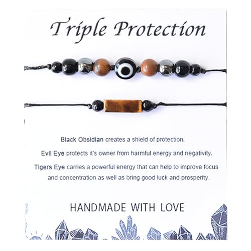 2Pcs Triple Protection Empath Energy Protection Bracelets Black Obsidian and Tiger Eye Evil Eye Carnelian Amethyst Natural Stone Jewelry for Women Men Gifts for Him Her - style: Triple protection style1