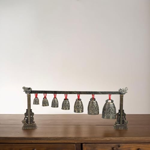 Antique Chinese Percussion Chime Instrument, Chinese Musical Bronze Meditation Percussion instrument with 7 Decorated Bell for Home or Office Decoration and Gift-