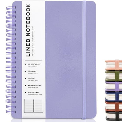 Lined Spiral Journal Notebook with 160 Pages, 8×5.7in, A5 Spiral Notebook, Journaling Notebooks for Work, School, Women, Men, College Ruled Spiral Notebook, Hardcover Leather Journals, Purple