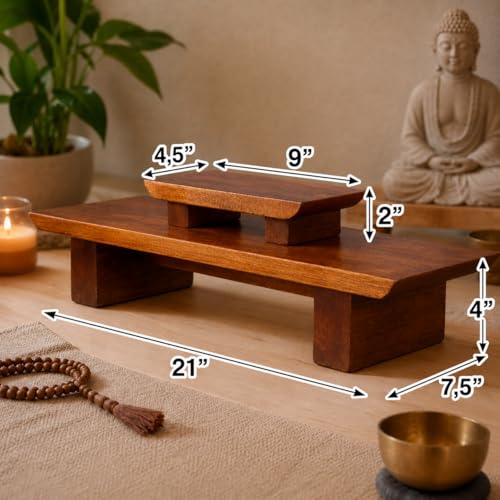 Meditation Altar Table – 21 x 7.5 x 6 Inch Handmade Tiered Puja Shrine - Small Alter Tables for Relaxation, Prayer - Buddha Meditation Alter Made of Strong and Durable Mango Wood