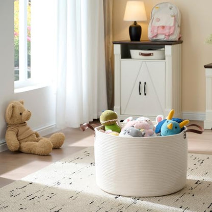 Extra Large Nursery Storage Basket, 22 x 22 x 14 inches - 100% Cotton Rope Baskets with Handles, Laundry Basket for Toys, Blankets & Pillows - Off White with Leather Handles