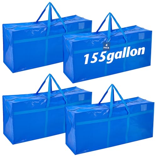 4 Pack 155 Gallon Extra Large Moving Bags XXL Heavy Duty Storage Bag with Strong Zipper Handle Jumbo Big Tote Box Foldable for College Dorm Travel Clothes Duffle Blanket Pillow(Blue) - color: Blue, size: 155 Gallon