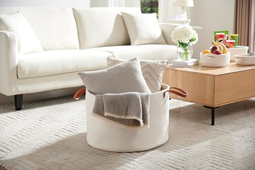 Extra Large Nursery Storage Basket, 22 x 22 x 14 inches - 100% Cotton Rope Baskets with Handles, Laundry Basket for Toys, Blankets & Pillows - Off White with Leather Handles