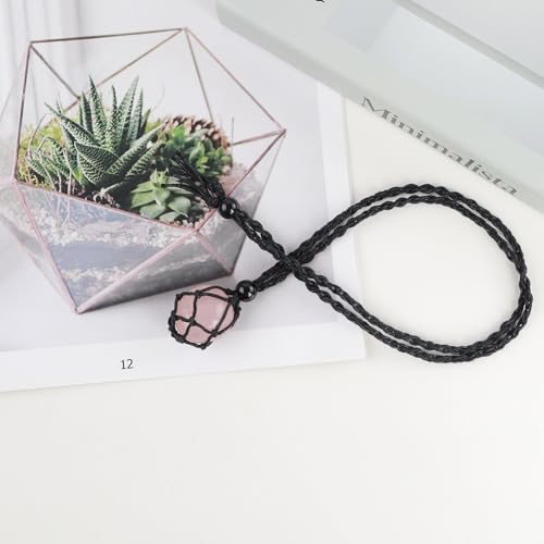 Natural unprocessed crystal raw stone hand woven rope adjustable necklace pendant for both men and women - color: A-Rose Quartz
