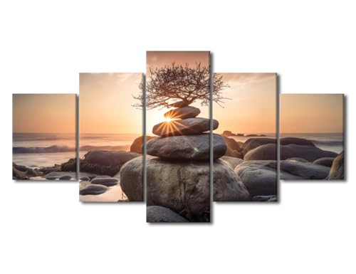TUMOVO Pyramid of Rocks Sits on A Beach Painting Buddhist Meditates Pictures Buddhist Sculpture Wall Art 5 Pieces Canvas Wall Art Artwork Living Room Home Decor Framed Ready to Hang, 60" Wx32 H - color: Artwork-03, size: 60"Wx32"H