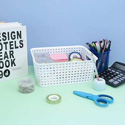 Plastic Woven Baskets for Organizing, 6 Packs, White Storage Baskets For Desktop Shelves
