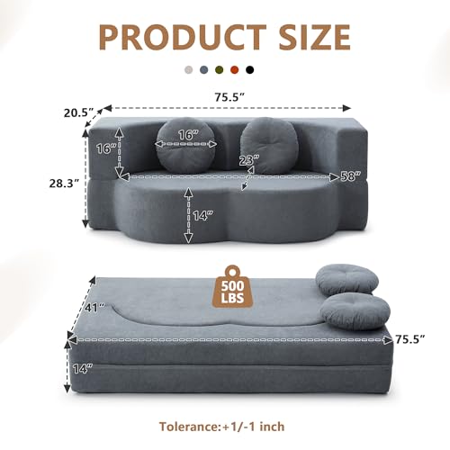 2-in-1 Folding Sofa Bed with Pillow, No Assembly Futon Twin Size Sofa Bed, Breathable Linen-Cotton Convertible Couch Bed for Living Room and Guest Room, 75.5 Inch,Grey - color: Grey-75.55", size: 2 seat