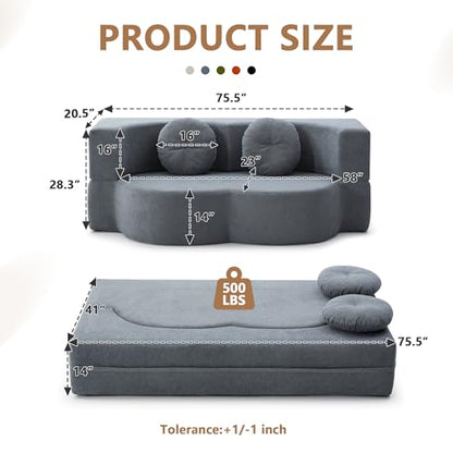 2-in-1 Folding Sofa Bed with Pillow, No Assembly Futon Twin Size Sofa Bed, Breathable Linen-Cotton Convertible Couch Bed for Living Room and Guest Room, 75.5 Inch,Grey - color: Grey-75.55", size: 2 seat