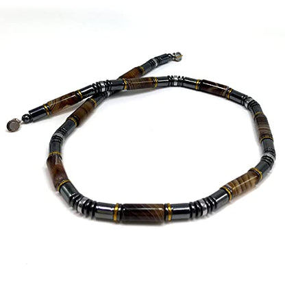 Healing Stress Anxiety Meditation Grounding Energy Gemstone Necklace Series - color: Brown Agate & Hematite -6 mm- Stone Tube Beads
