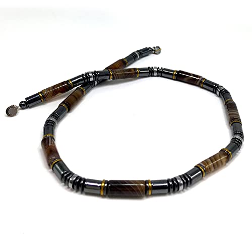 Healing Stress Anxiety Meditation Grounding Energy Gemstone Necklace Series - color: Brown Agate & Hematite -6 mm- Stone Tube Beads