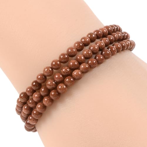Justinstones Gem Semi Precious Gemstone 3pcs 4mm Round Beads Stretch Bracelet 6.5 Inch Unisex - color: Synthetic Goldstone