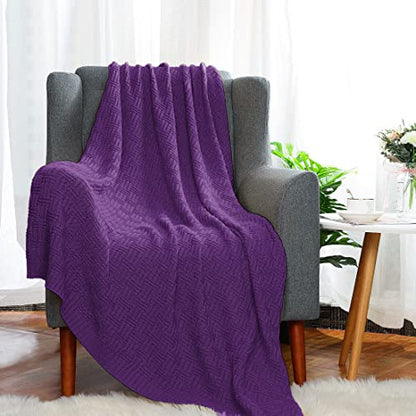 uxcell 100% Cotton Cable Knit Throw Blanket,Soft Lightweight Lap Blanket,Textured Solid Sofa Throw Couch Cover Decors Knitted Blankets, Grape 50"x 60" - color: Grape