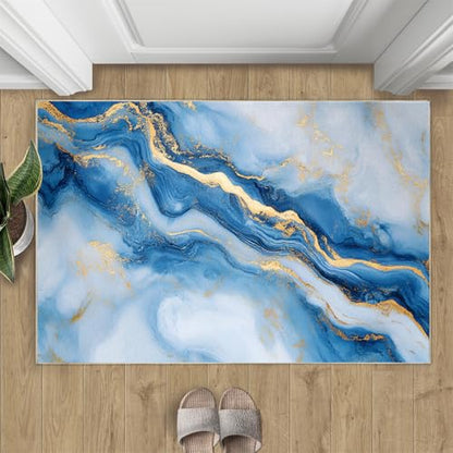 Light Luxury Marble Rug - 6x8 Area Rug, Blue Rugs for Living Room Bedroom, Fluid White Gold Washable Rugs, Non Slip Classroom Carpet, Soft & Low-Pile - color: Pattern#061, size: 6' x 8' (Rectangular)