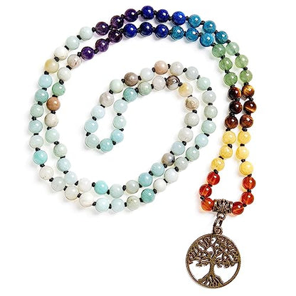 Bivei 7 Chakra 108 Mala Beads Bracelet Real Gemstone Yoga Meditation Hand Knotted Mala Prayer Bead Necklace - size: 6mm, style: Life Tree - Amazonite