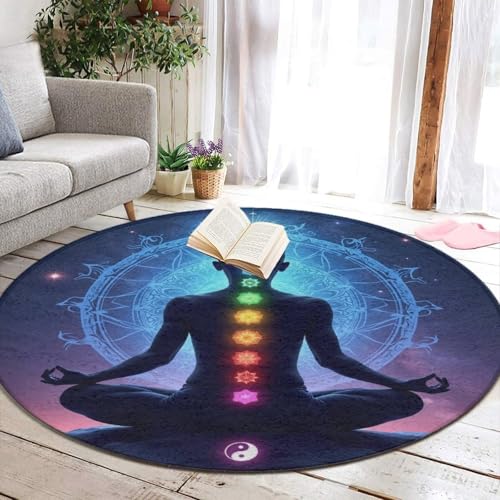Modern Round Area Rug, Non-Slip Machine Washable Kitchen Office Circle Rug, Room Sofa Yoga Soft Round Carpet Compatible with Nine Chakra Yoga Meditation Lotus Blue Mandala 36inch(90cm) - color: Color479, size: 36inch(90cm)