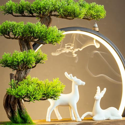 Ceramic Deer Statue Backflow Incense Burner，Circle LED Ring Light，Green Artificial Tree Welcome Pine， Meditation Statues for Home Decor