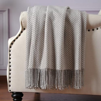 CUDDLE DREAMS Silk Throw Blanket with Hand-Knotted Fringe, Natural, Soft & Breathable (Herringbone Gray) - color: Herringbone Gray
