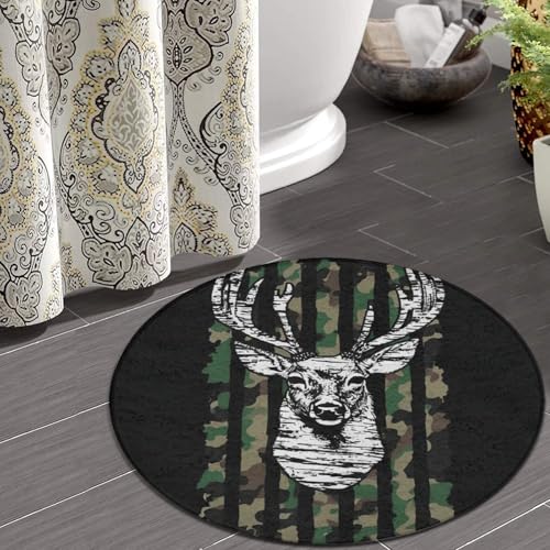 Modern Round Area Rug, Non-Slip Machine Washable Kitchen Office Circle Rug, Room Sofa Yoga Soft Round Carpet Compatible with Deer Camo Camouflage American Flag Hunting Black 24inch(60cm) - color: Color597, size: 24inch(60cm)