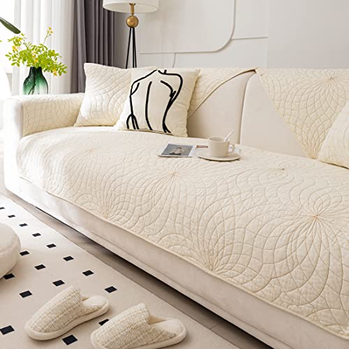 Farmhouse Couch Cover Solid Color Neutral Sofa Cover Soft Cotton Quilted Sectional Couch Covers Non Slip Washable Sofa Slipcover Furniture Protector for Living Room (Ivory E,28"x28") - color: Ivory E, size: 28"x28"/Square